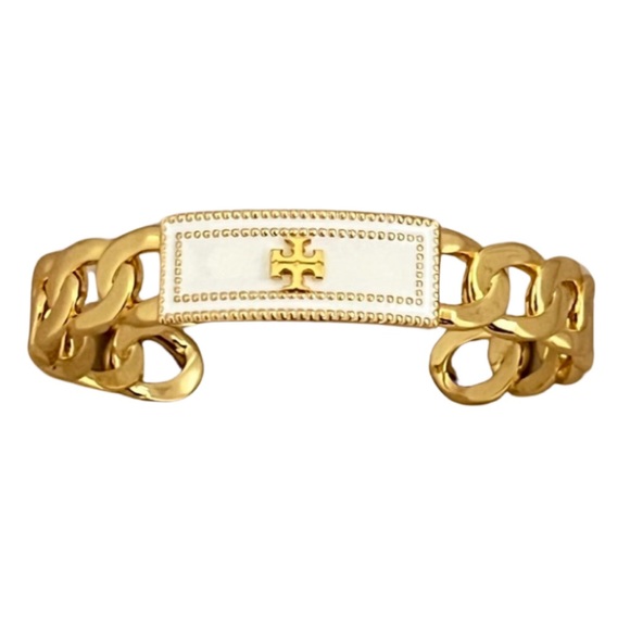 TORY BURCH • White Milgrain Logo Cuff Bracelet - Picture 1 of 7